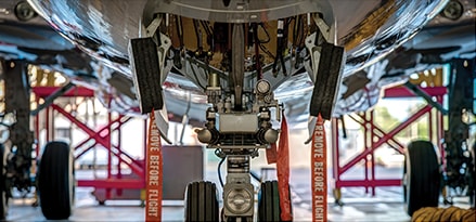 Wheel view of aircraft in hanger