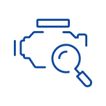 Icon of an engine being inspected with a magnifying glass.
