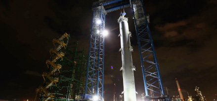 A panoramic view of a high-pressure reactor standing at 52 meters (170 feet) assembled at ExxonMobil's Singapore refinery.