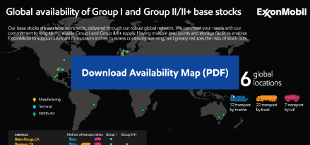 Map representing the “Global availability of Group I and Group II/II+ base stocks of ExxonMobil” – categorized by transport vehicle including: marine, truck, and rail.