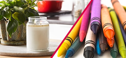 White candle and crayons made from fully refined paraffin wax